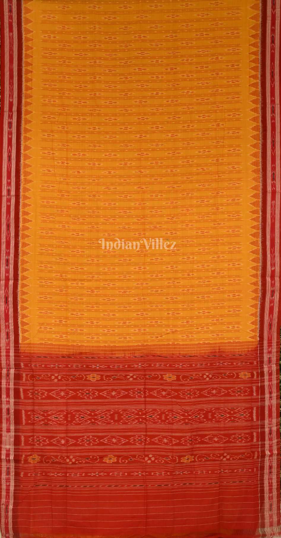 Mustard Yellow Maroon Damru Pasapali Odisha Ikat Maniabandha Cotton Saree 