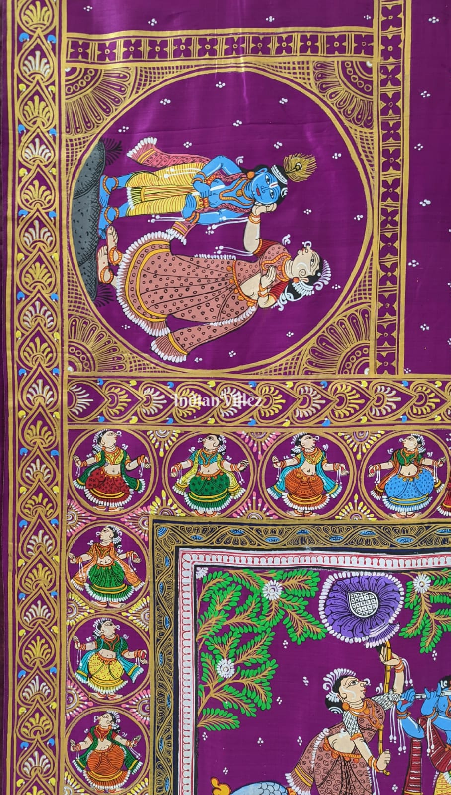 Purple Krishna Leela Pattachitra Silk Saree