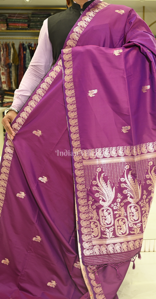 Purple Wine Peacock Design Mashru Satin Silk Banarasi Saree