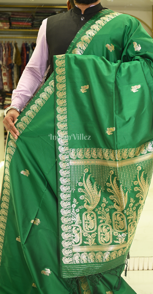 Green Peacock Design Mashru Satin Silk Banarasi Saree
