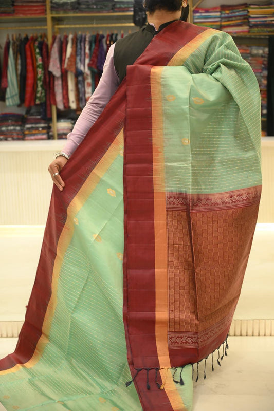 Sea Green Maroon Zari Pure Kanjivaram Soft Silk Saree