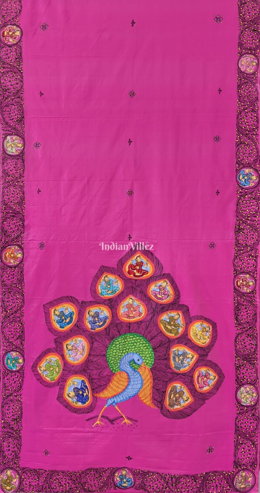 Royal Pink PEACOCK (Mayur) & Nartaki Theme Pattachitra Silk Saree