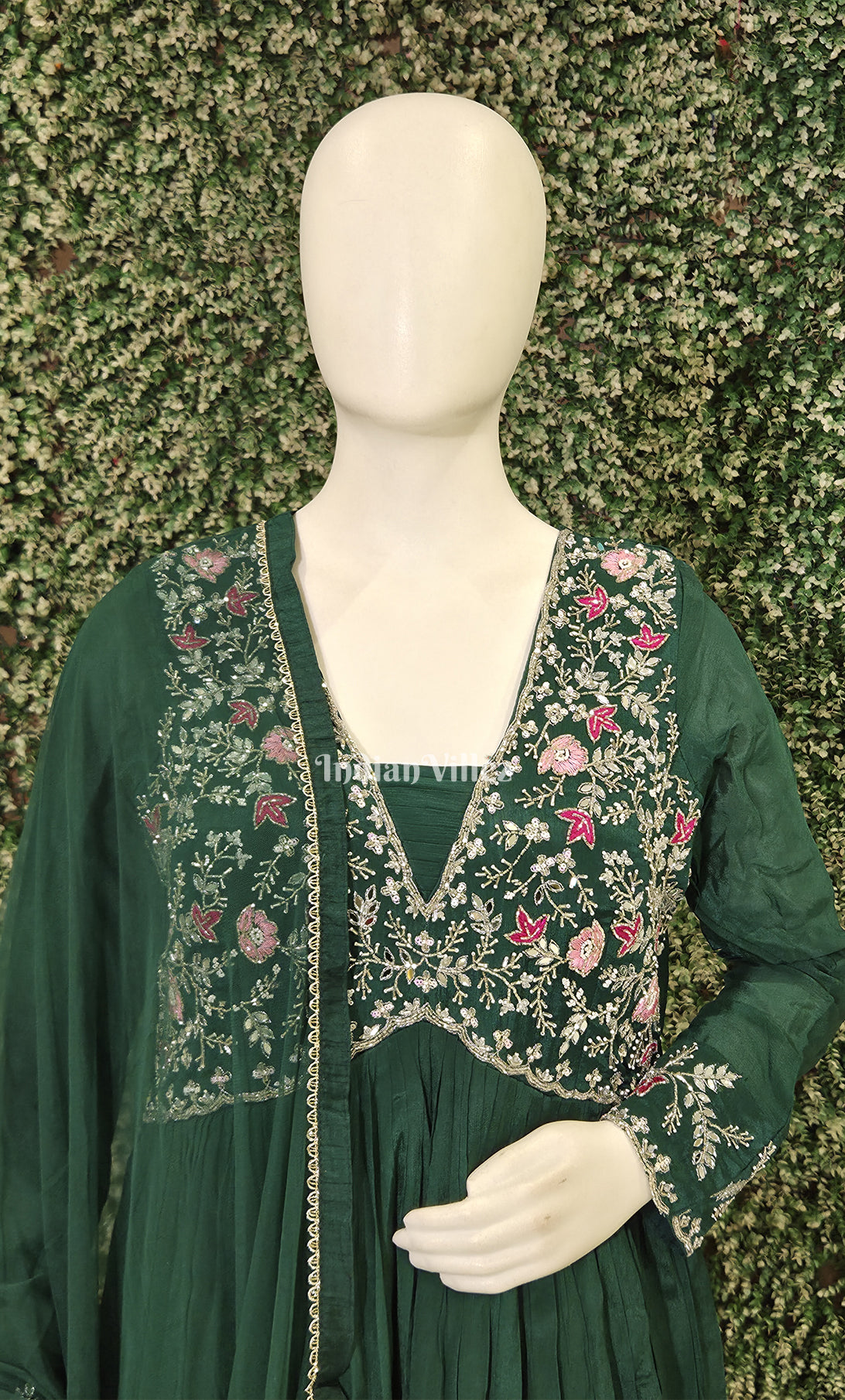 Dark Green Floral Alia cut Georgette Anarkali with Dupatta 