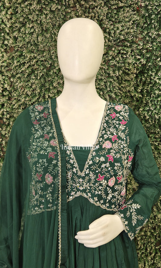 Dark Green Floral Alia cut Georgette Anarkali with Dupatta 