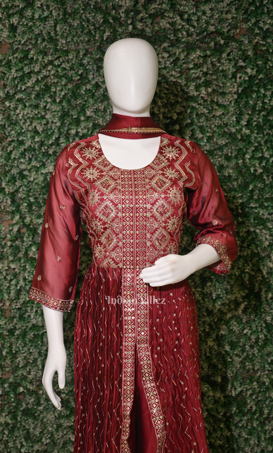 Maroon Front Slit Anarkali with Palazzo pants with Dupatta Set 
