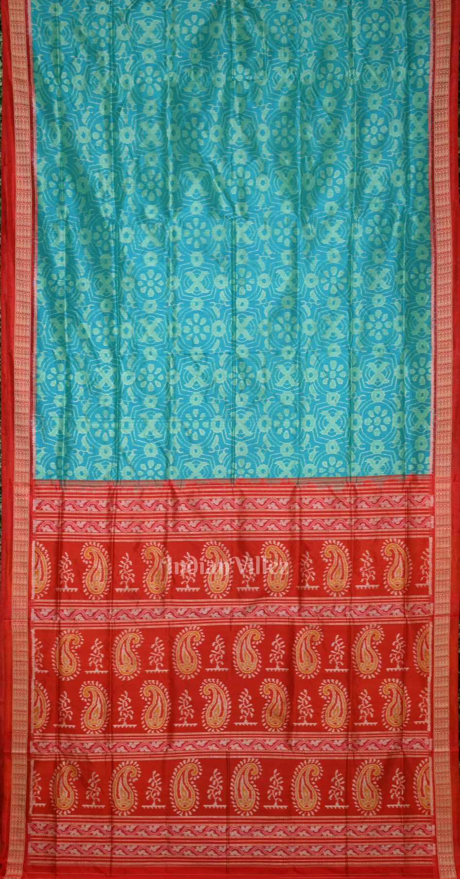 Sea Green Red Jhoti Design Odisha Ikat Sambalpuri Silk Saree