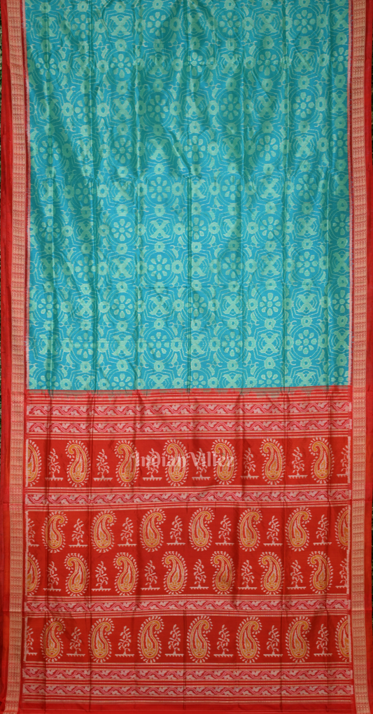 Sea Green Red Jhoti Design Odisha Ikat Sambalpuri Silk Saree