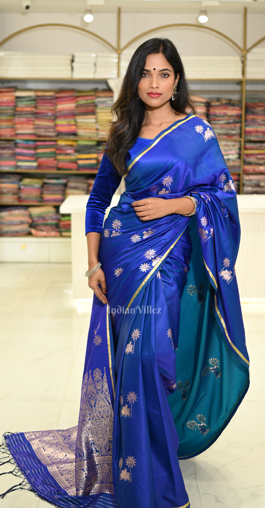 Blue Dual Tone Mashru Satin Banarasi Silk Saree with Pichwai Motif
