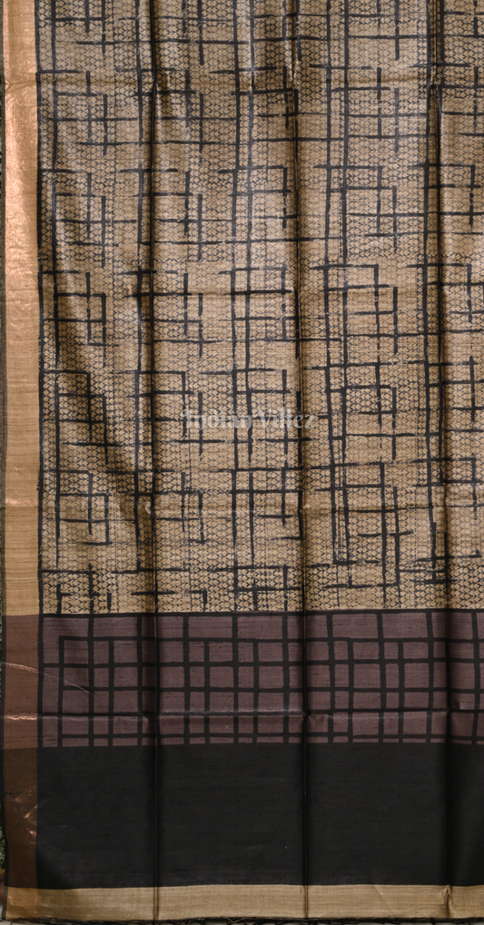 Grey Black Tussar Silk Saree 