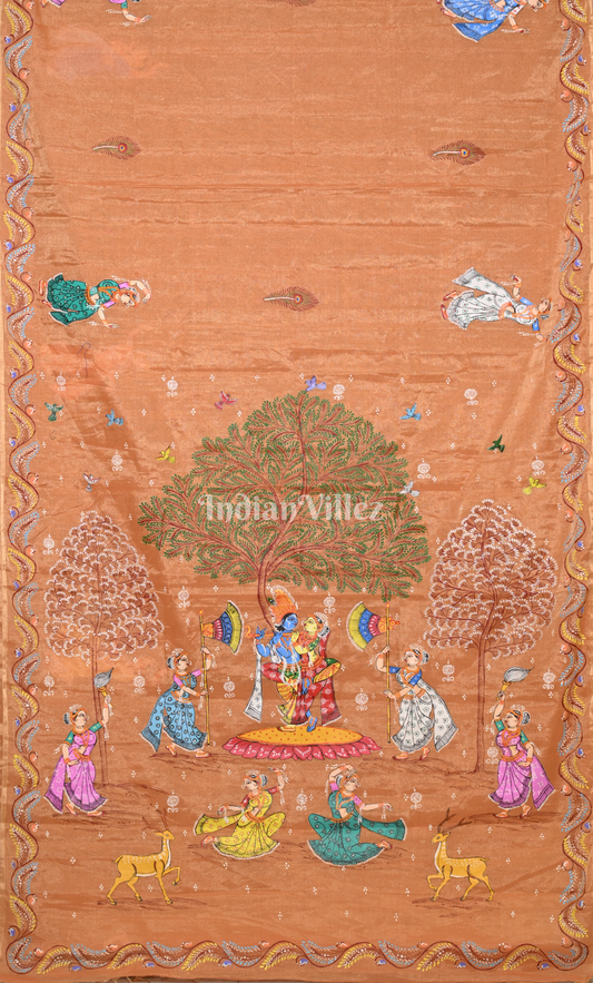 Light Orange Krishna Rasa Leela Hand-Painted Pattachitra Saree