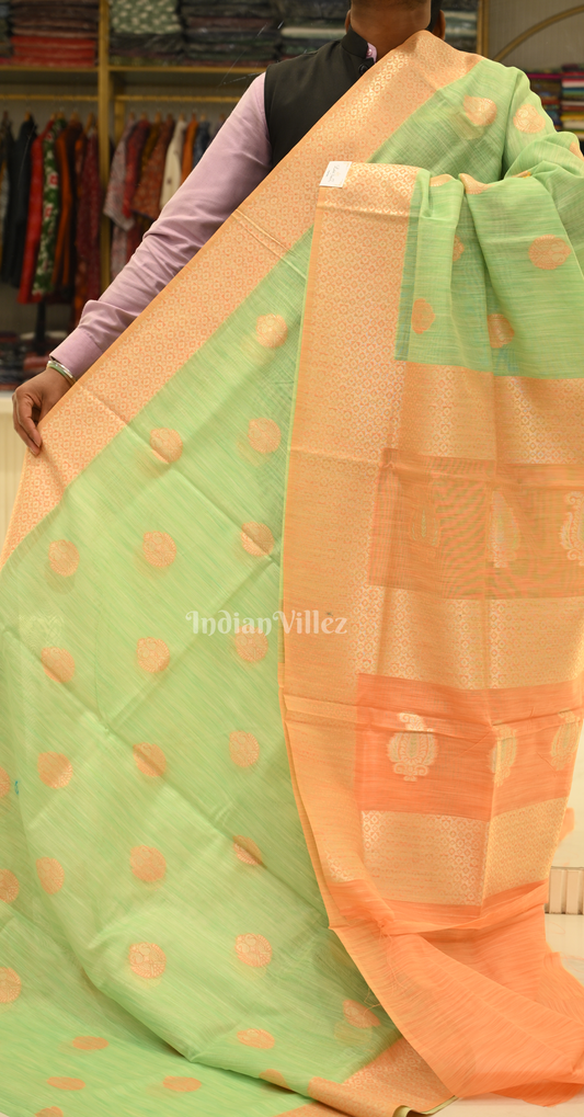 Mint Green Orange Pure Multicoloured Linen Banarasi Saree