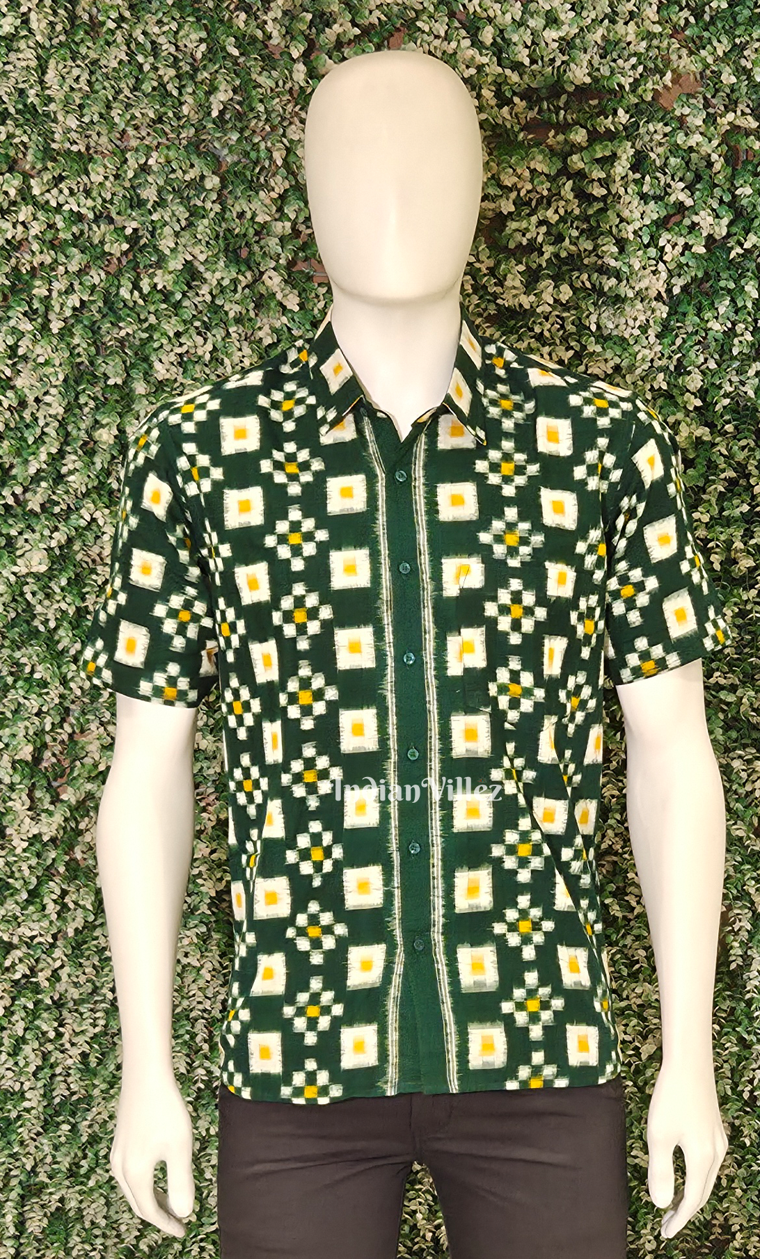 Green White Pasapali Odisha Ikat Cotton Half Sleeve Shirt for Men