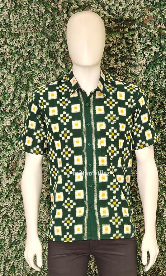 Green White Pasapali Odisha Ikat Cotton Half Sleeve Shirt for Men