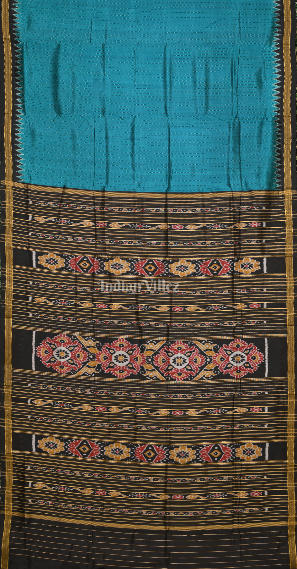 Cyan Blue Black Stripped Odisha Ikat Khandua Silk Saree