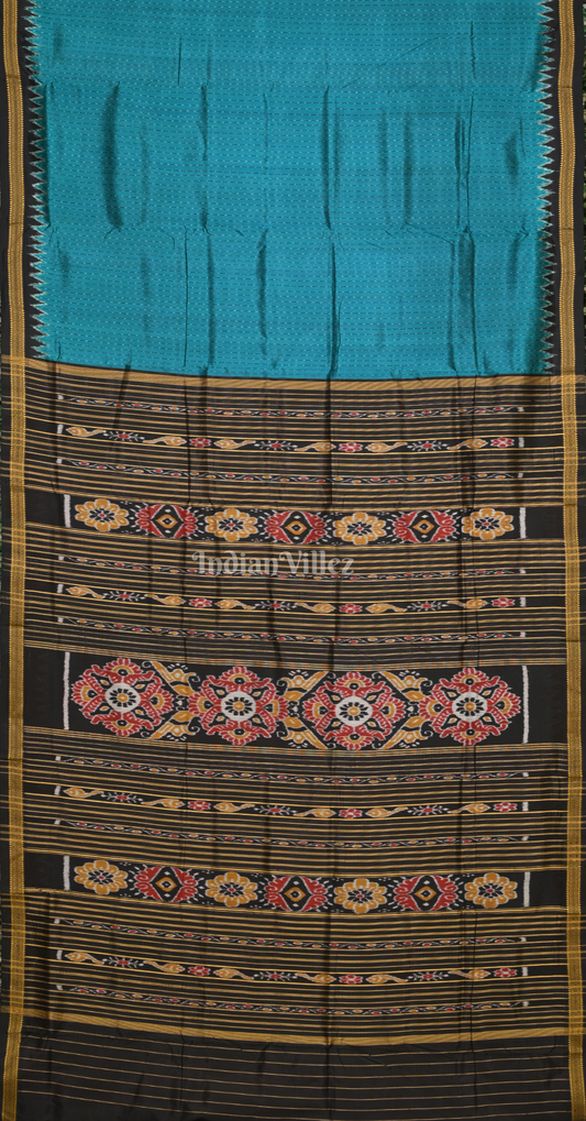 Cyan Blue Black Stripped Odisha Ikat Khandua Silk Saree