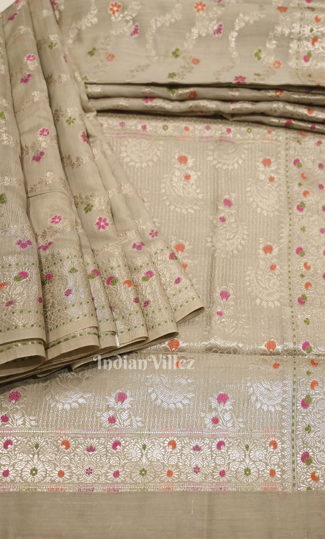 Grey Pure Chiniya Silk Banarasi Saree with Meenakari Weaving