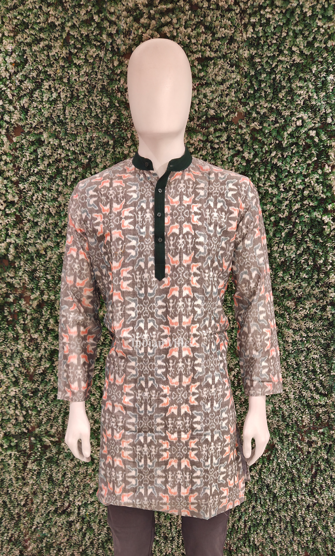 Grey Floral Motif Odisha Ikat Cotton Kurta for Men