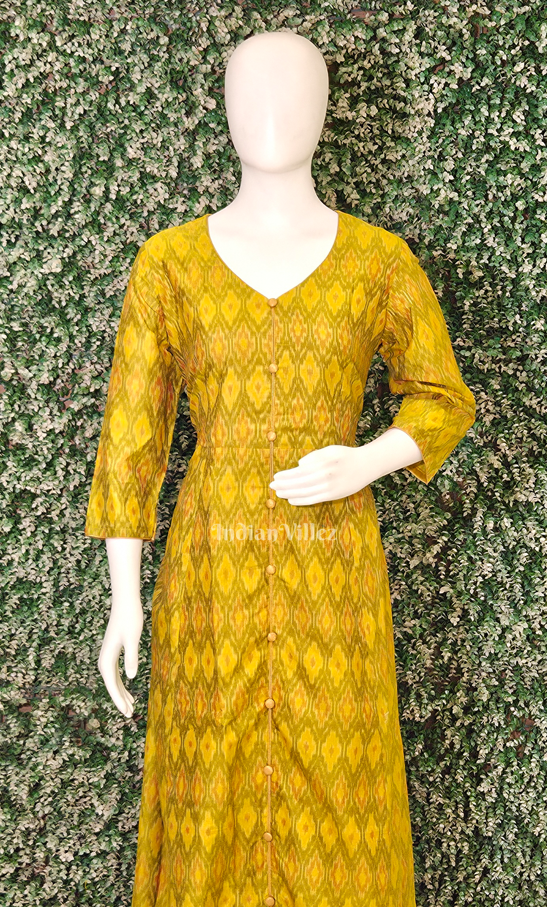 Mustard Yellow Pochampally Ikat Designer Long Gown for Women