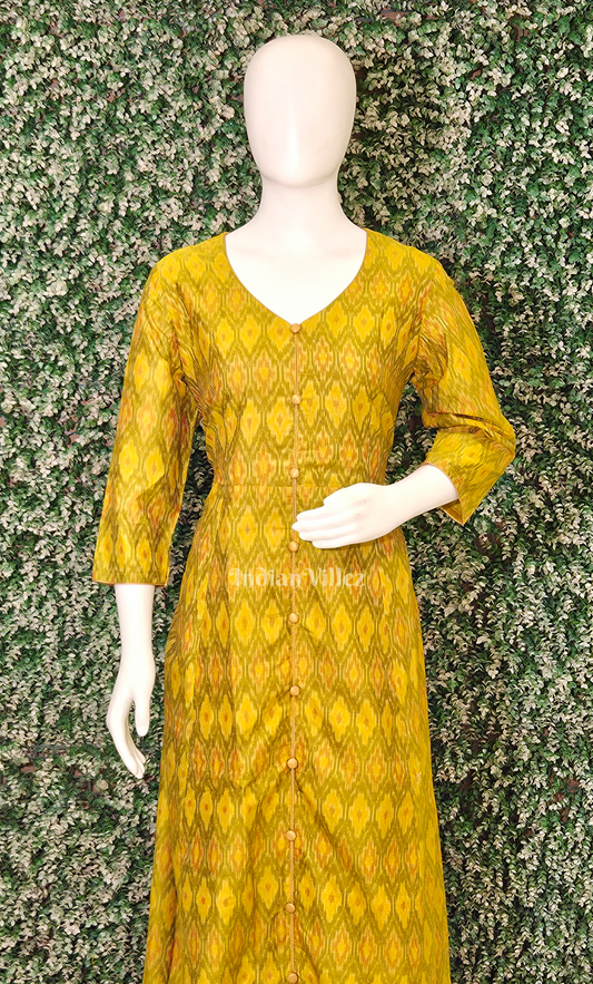 Mustard Yellow Pochampally Ikat Designer Long Gown for Women