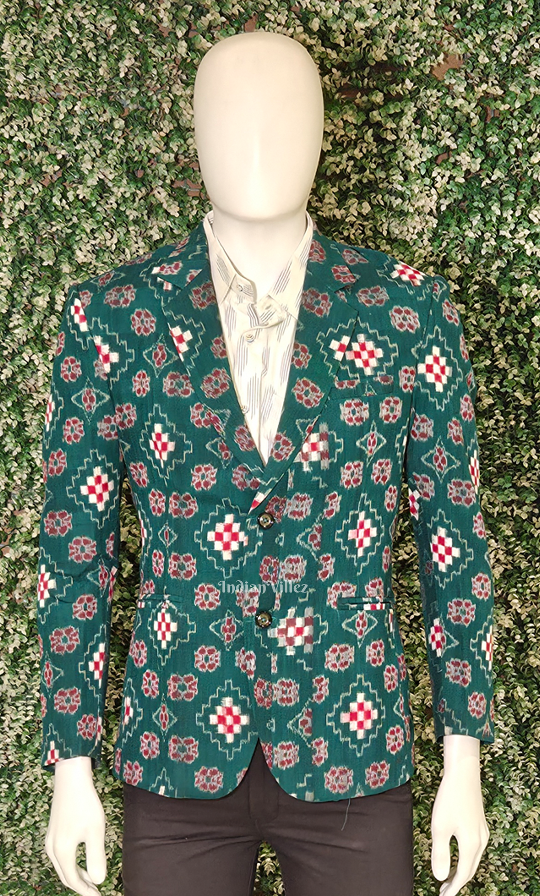 Green Red Pasapali Odisha Ikat Men's Designer Blazer 