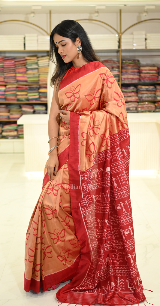 Light Orange Red Butterfly Theme Odisha Ikat Contemporary Designer Silk Saree