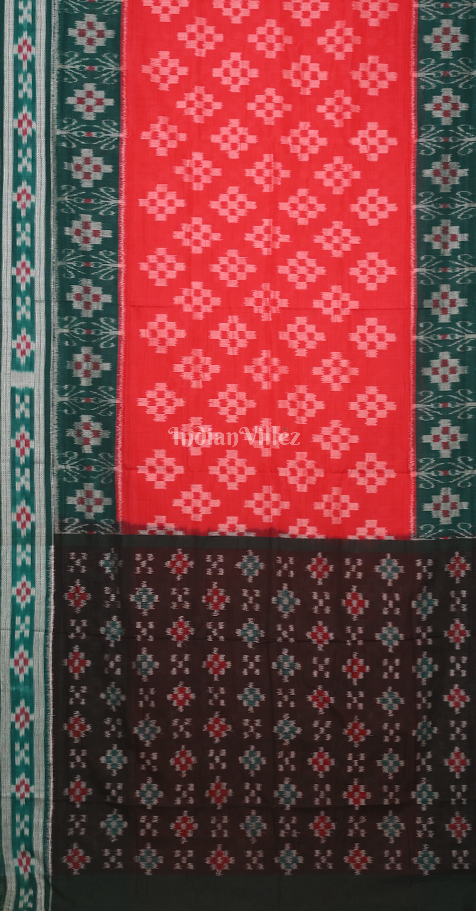 Red Green Black Pasapali Scot Odisha Ikat Sambalpuri Cotton Saree 