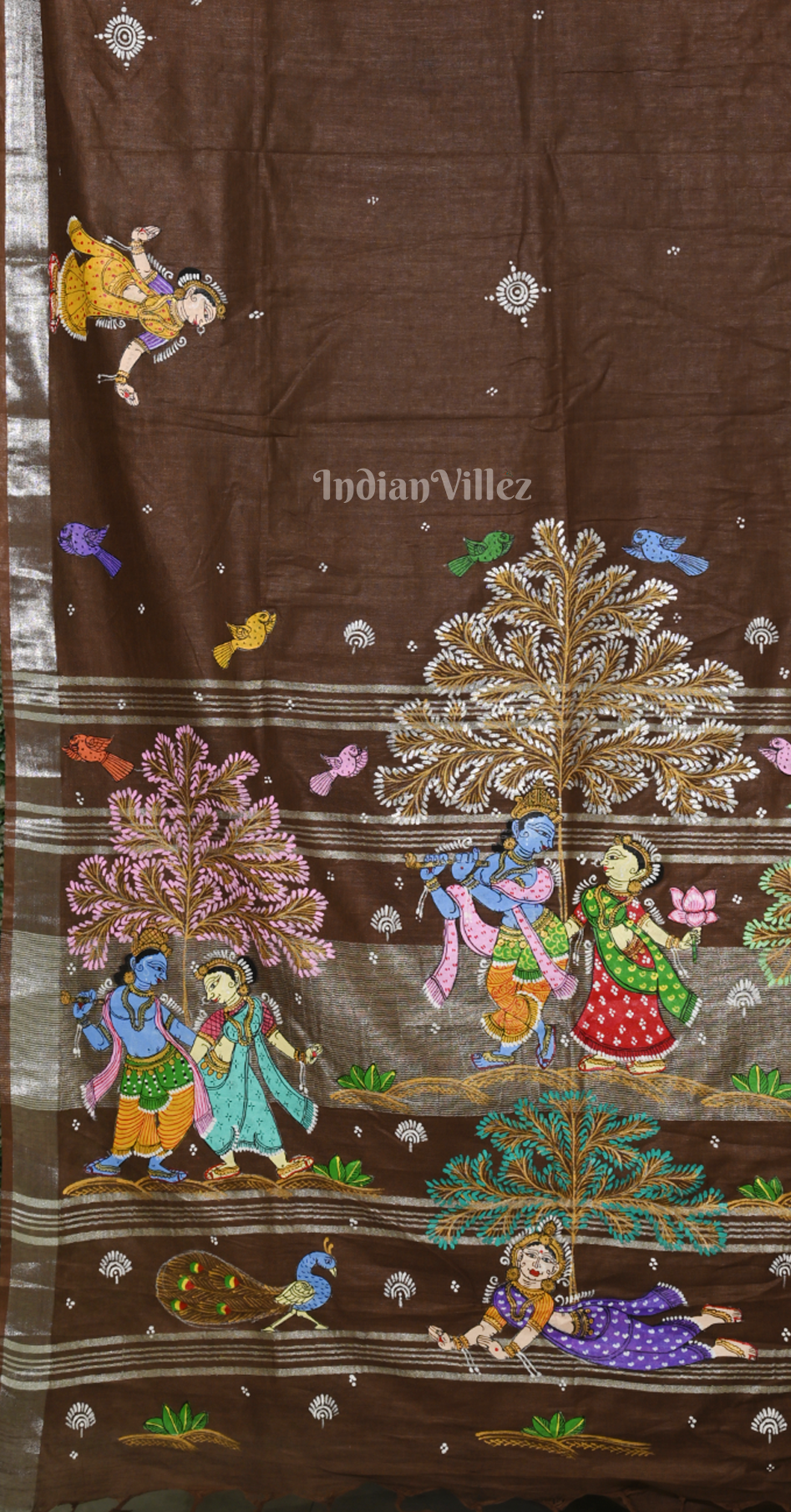 Brown Krishna Raas Leela  Hand-Painted Pattachitra Saree (Linen)