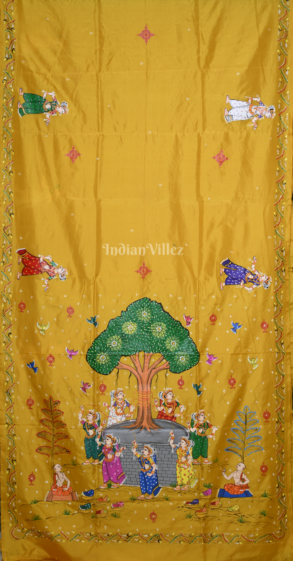 Mustard Yellow Vat Savitri Theme  Hand-Painted Pattachitra Saree