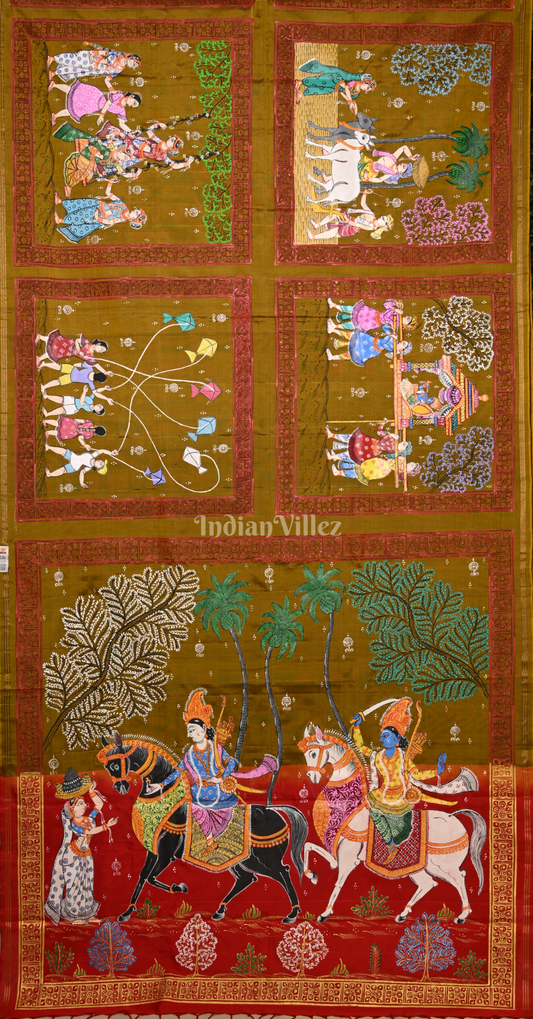 Moss Green Red Hindu Festival Hand-Painted Pattachitra Saree 