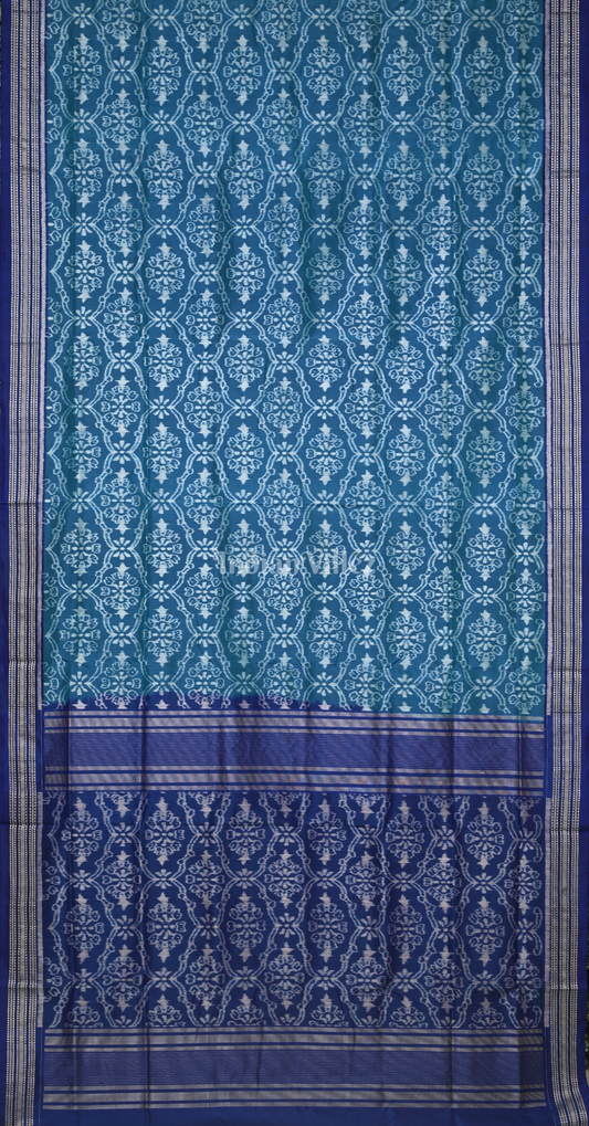 Peacock Blue Flower Motif Odisha Ikat Sambalpuri Silk Saree 