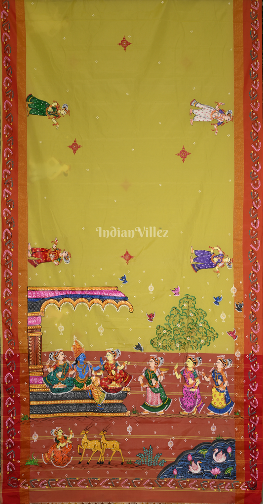 Yellow Red Radha Krishna Raas Leela Hand-Painted Pattachitra Saree