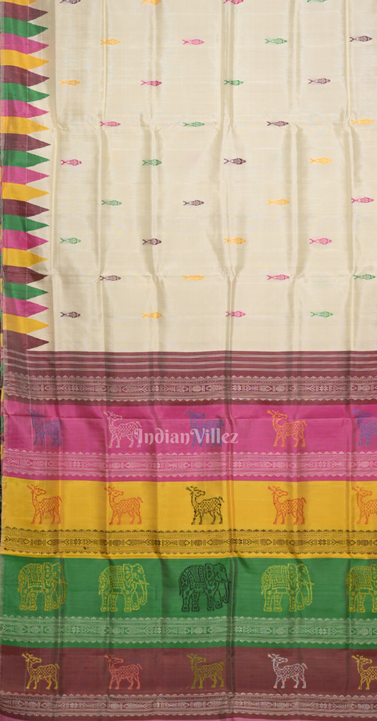 Off White with Multicolour  Fish Motif Double Pallu Berhampuri Silk Saree