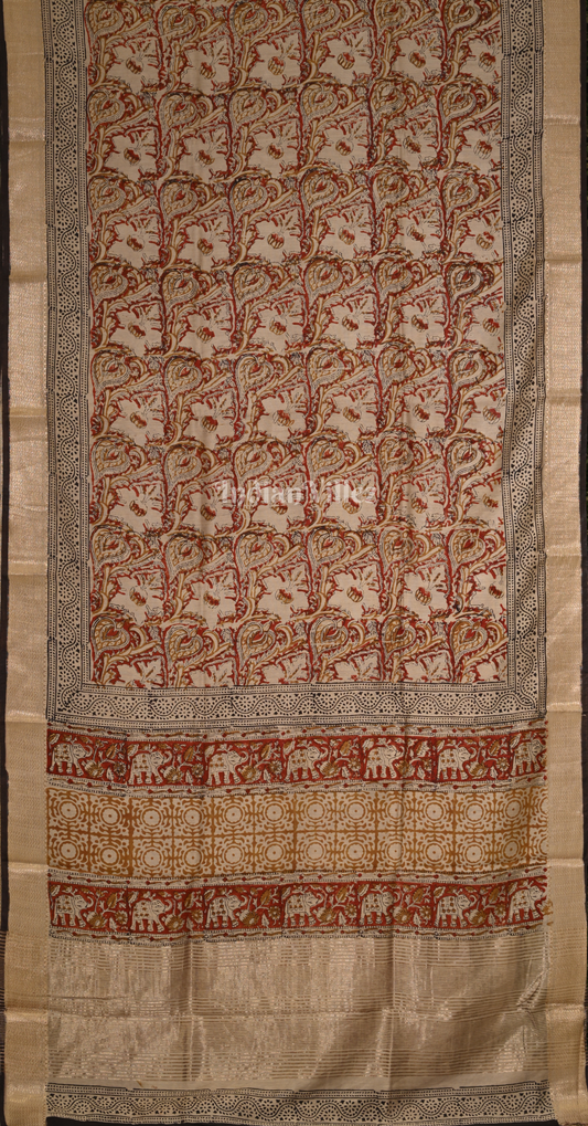 Cream Block Printed Bagru Cotton Saree 