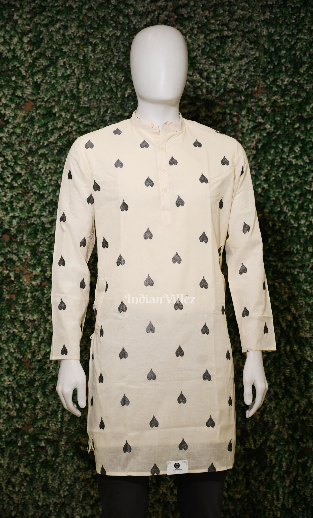 Off White Black Thread work leaf shaped motif Odisha Ikat Cotton Kurta for Men