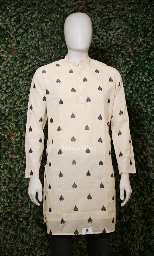Off White Black Thread work leaf shaped motif Odisha Ikat Cotton Kurta for Men