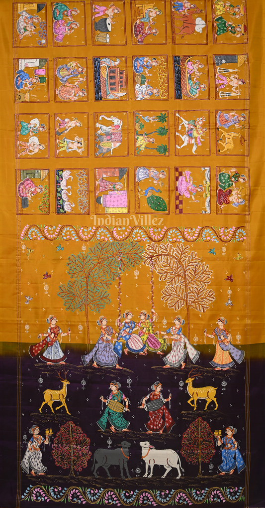 Mustard Yellow Purple Village Theme Hand- Painted Pattachitra Saree