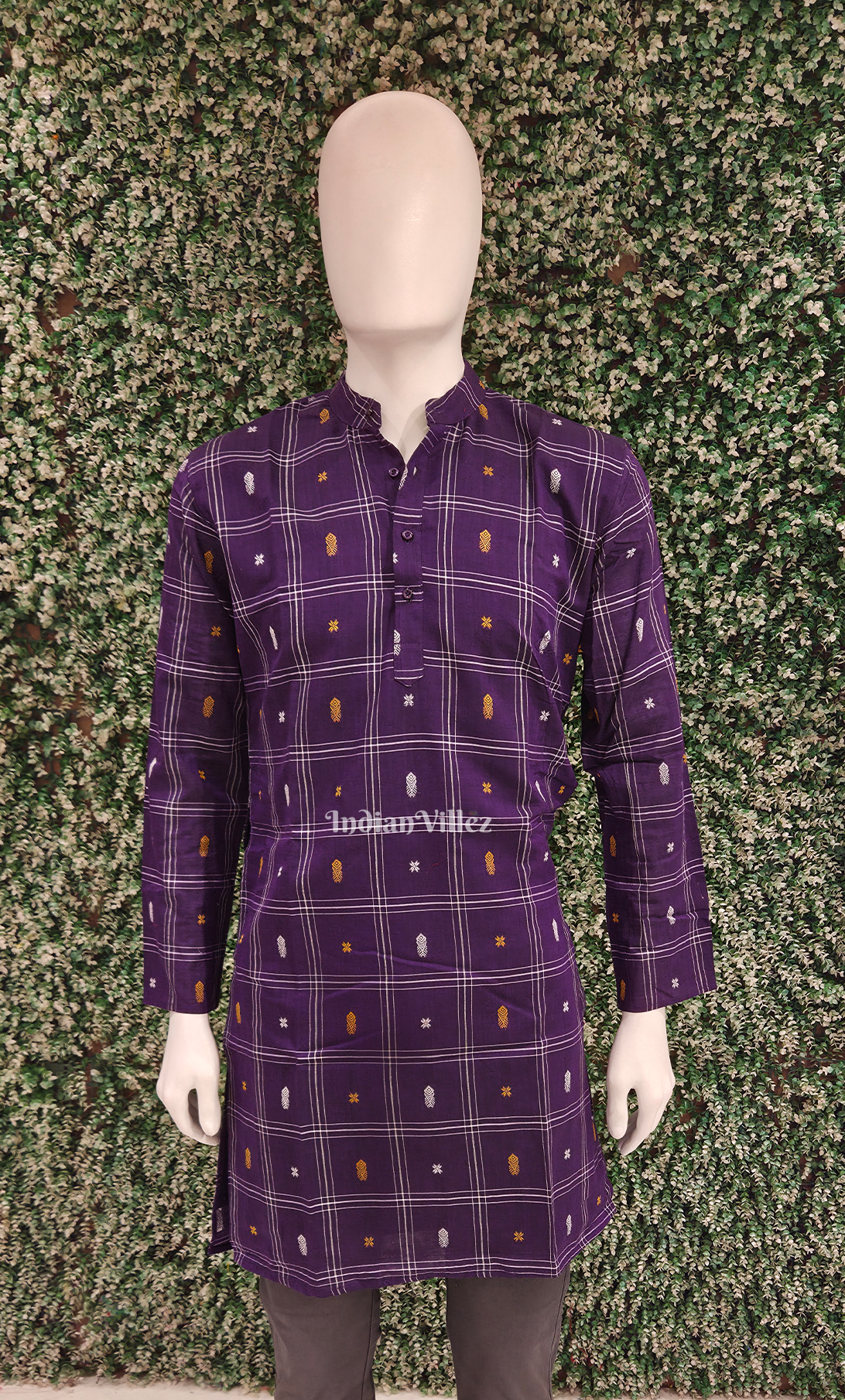 Purple Fish Motif Odisha Ikat Cotton Kurta for Men 
