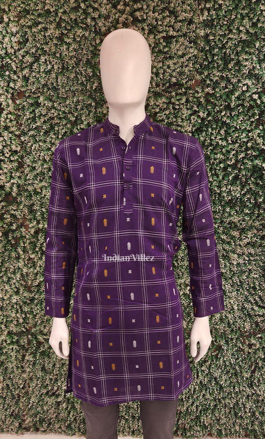Purple Fish Motif Odisha Ikat Cotton Kurta for Men 
