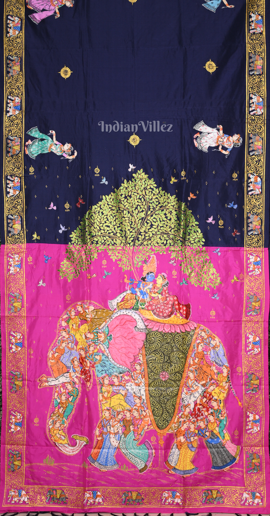Blue Pink Kandarpa Hasti (Elephant) Hand-Painted Pattachitra Saree 