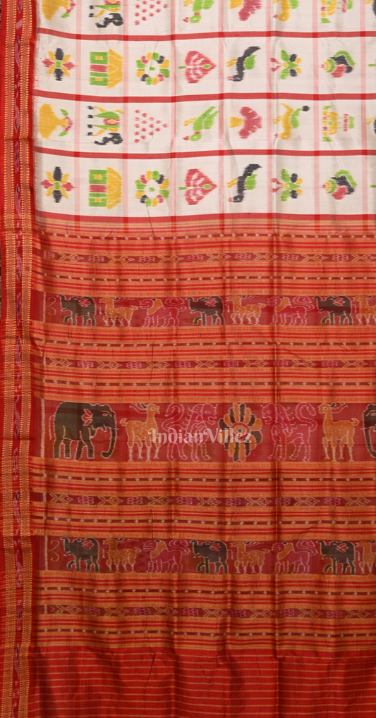 White Red Nabakothi Odisha Ikat Khandua Silk Saree with Jungle Anchal