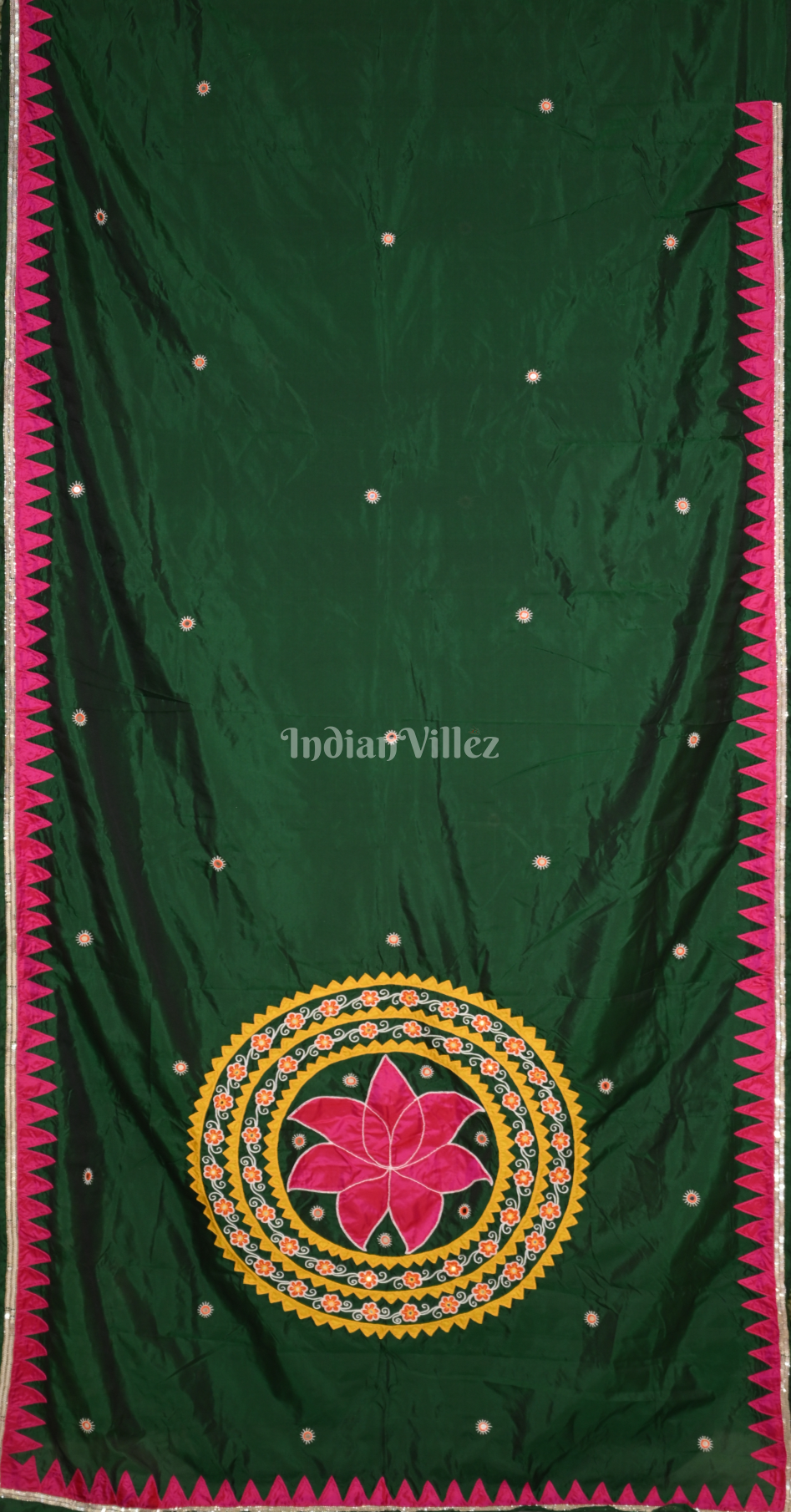 Bottle Green Rani Pink Hand Embroidered Applique Work Saree