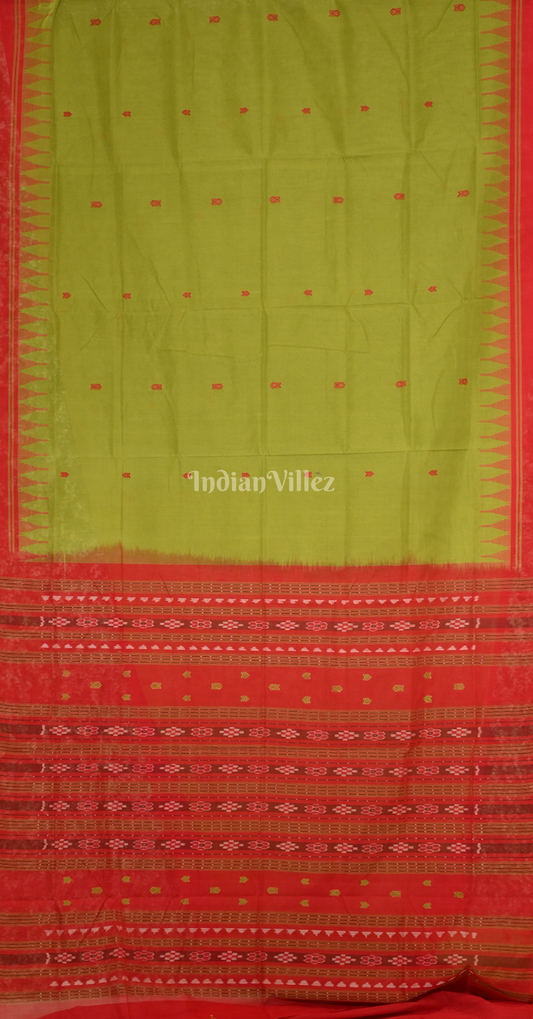Mehendi Green Maroon Fish Motif Odisha Ikat Bomkai Cotton Saree 
