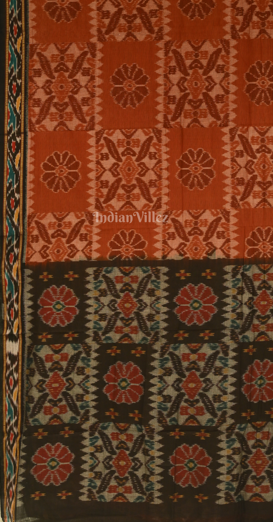 Brick Red Black Computer Theme Odisha Ikat Maniabandha Cotton Saree 