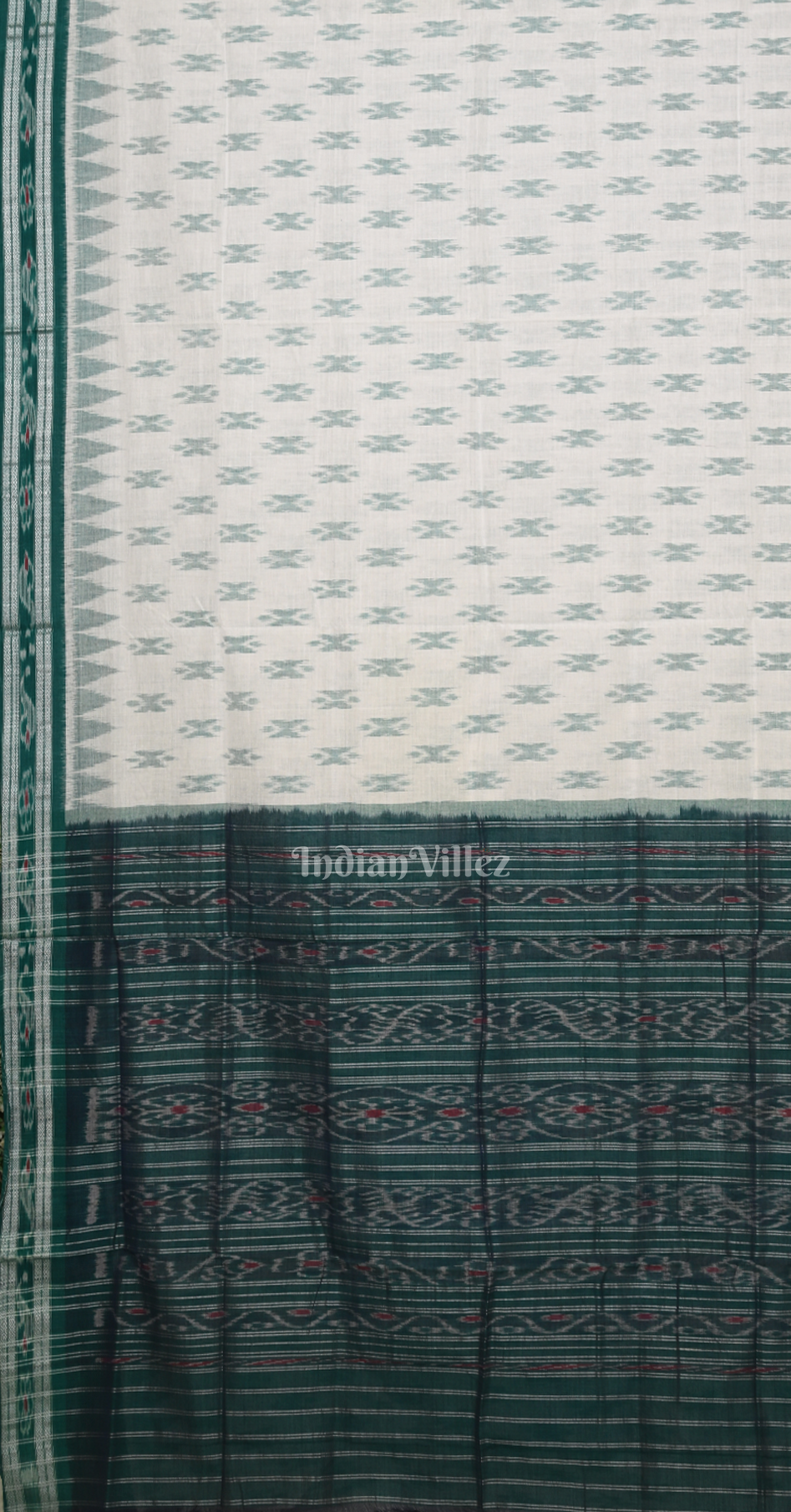 White Green Damru Odisha Ikat Maniabandha Cotton Saree