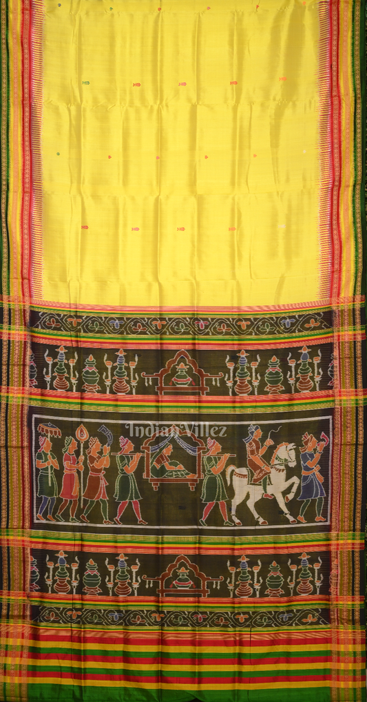 Lemon Yellow Black Kathiphera Odisha Ikat Khandua Silk Saree