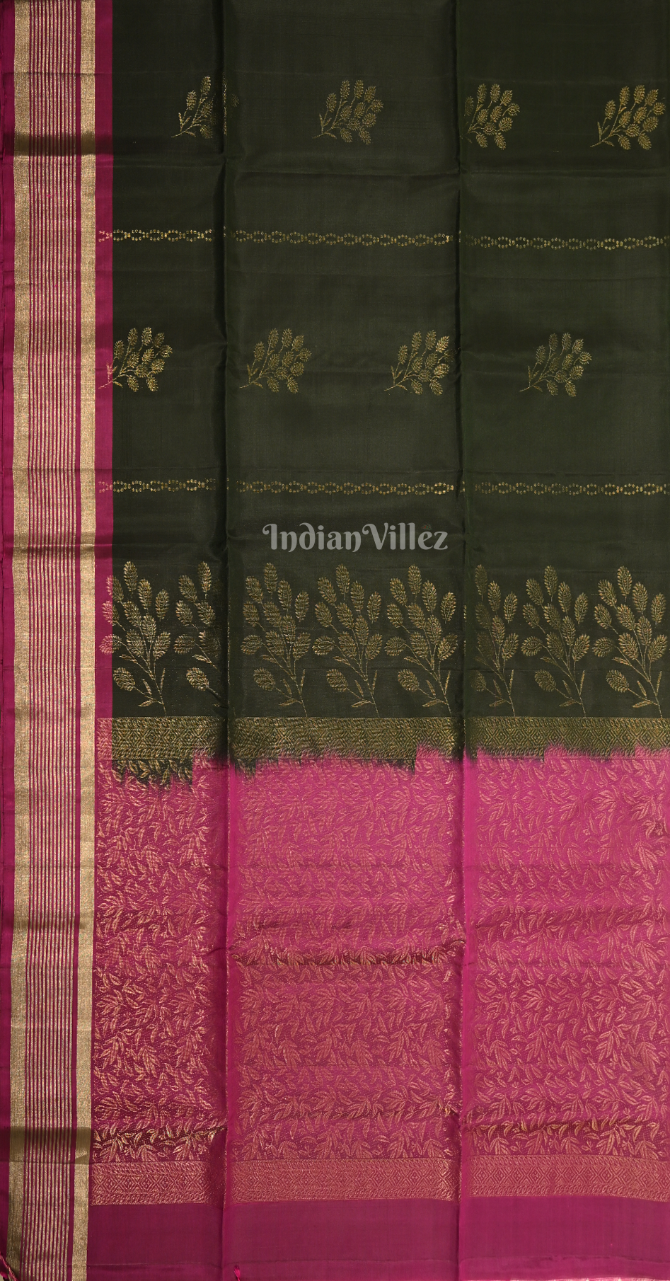 Bottle Green Pink Floral Zari Pure Kanjivaram Soft Silk Saree