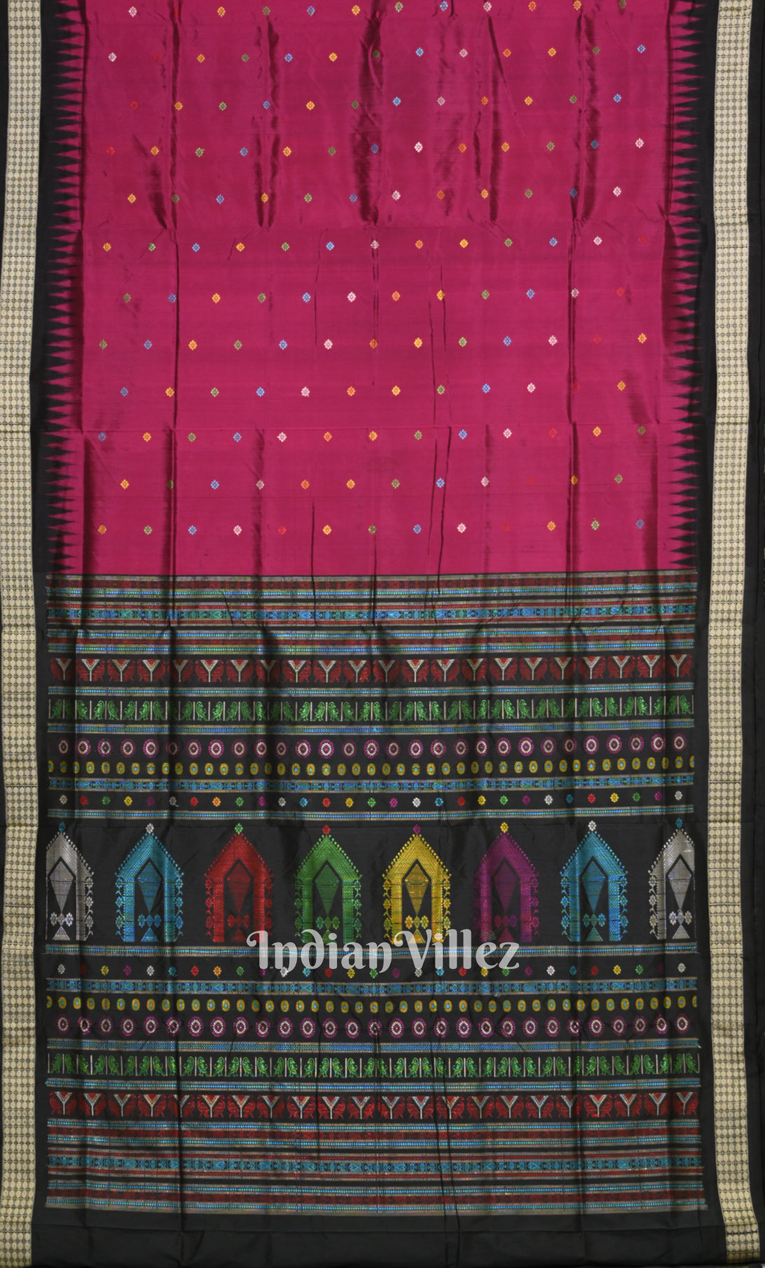 Magenta Pink Black Dolabedi  Bomkai Sambalpuri Ikat Silk Saree