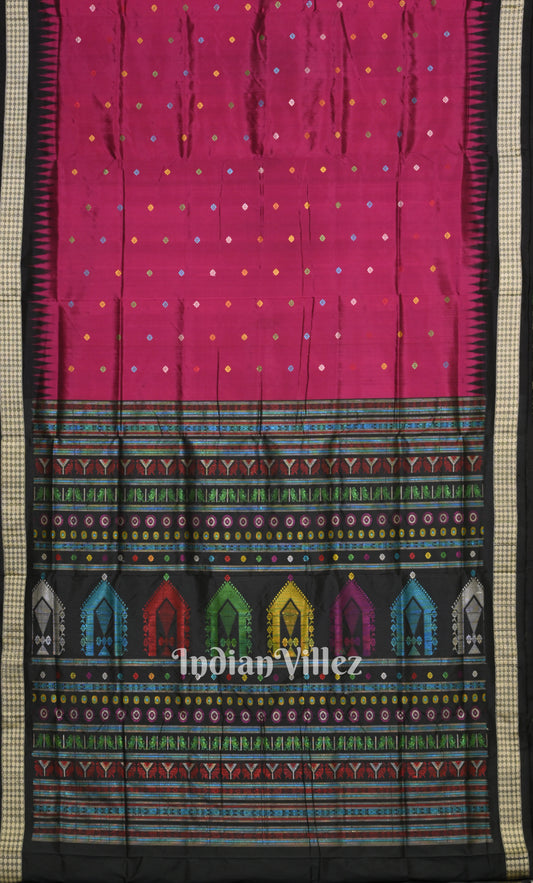 Magenta Pink Black Dolabedi  Bomkai Sambalpuri Ikat Silk Saree