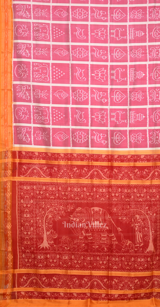 Baby Pink Red Nabakothi Odisha Ikat Khandua Silk Saree with Elephant Anchal
