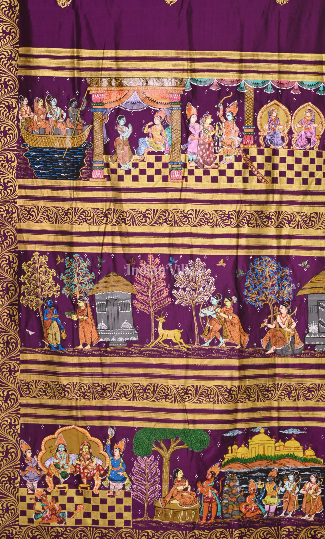 Purple Ramayan Theme Hand-Painted Pattachitra Saree 